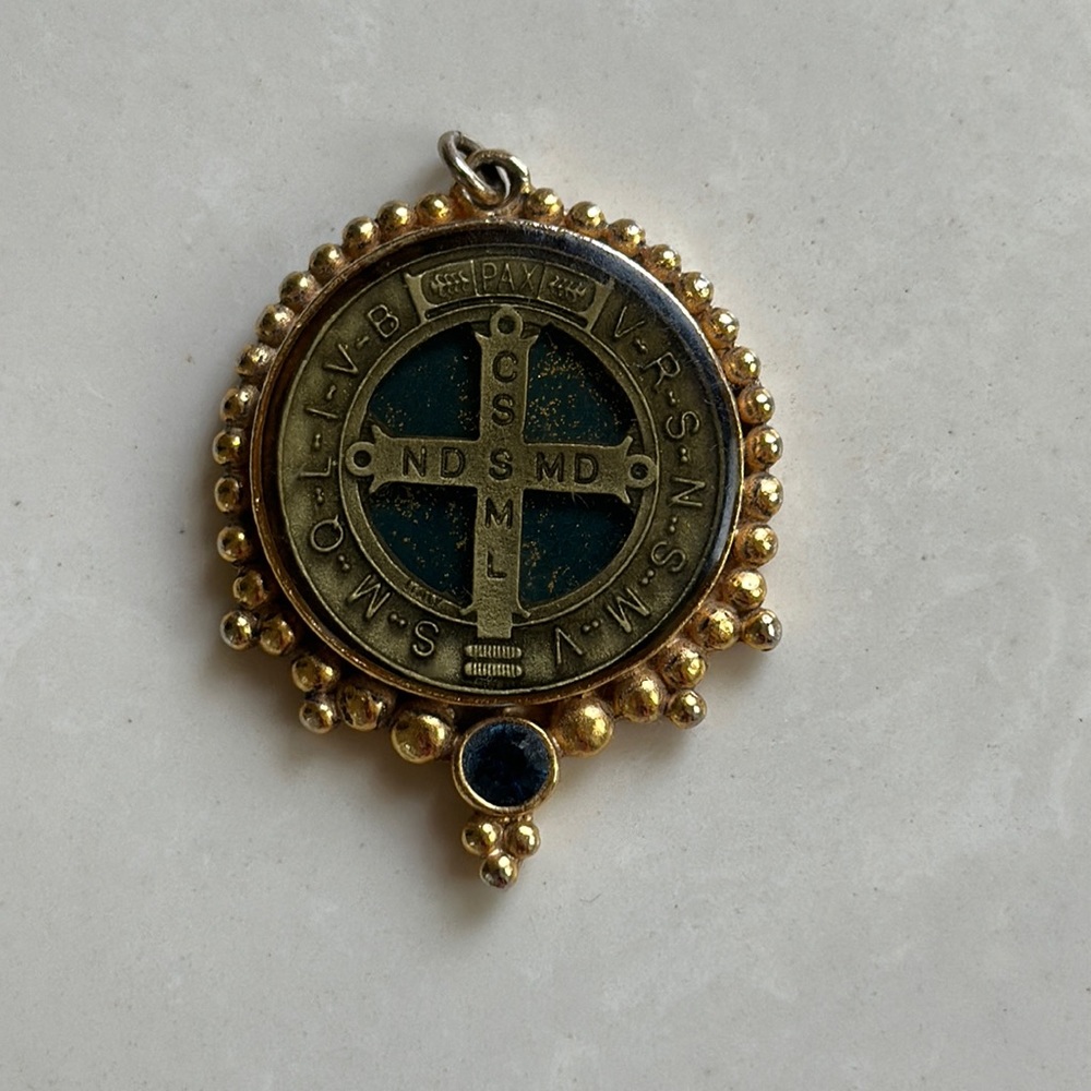 Vintage Virgin Saints & Angels-Noble Grande San Benito Medallion w/ blue jewel